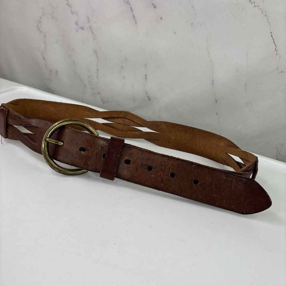 VTG American Eagle Outfitters Braided Leather Belt Cognac Brown Brass Buckle 34" - Picture 9 of 16